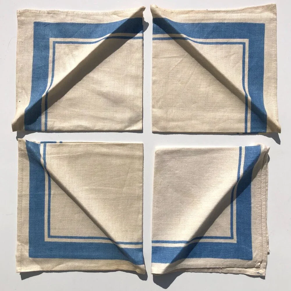 vintage Linen Napkins Cream with Blue Border 1950's set of 4 AS IS with stains